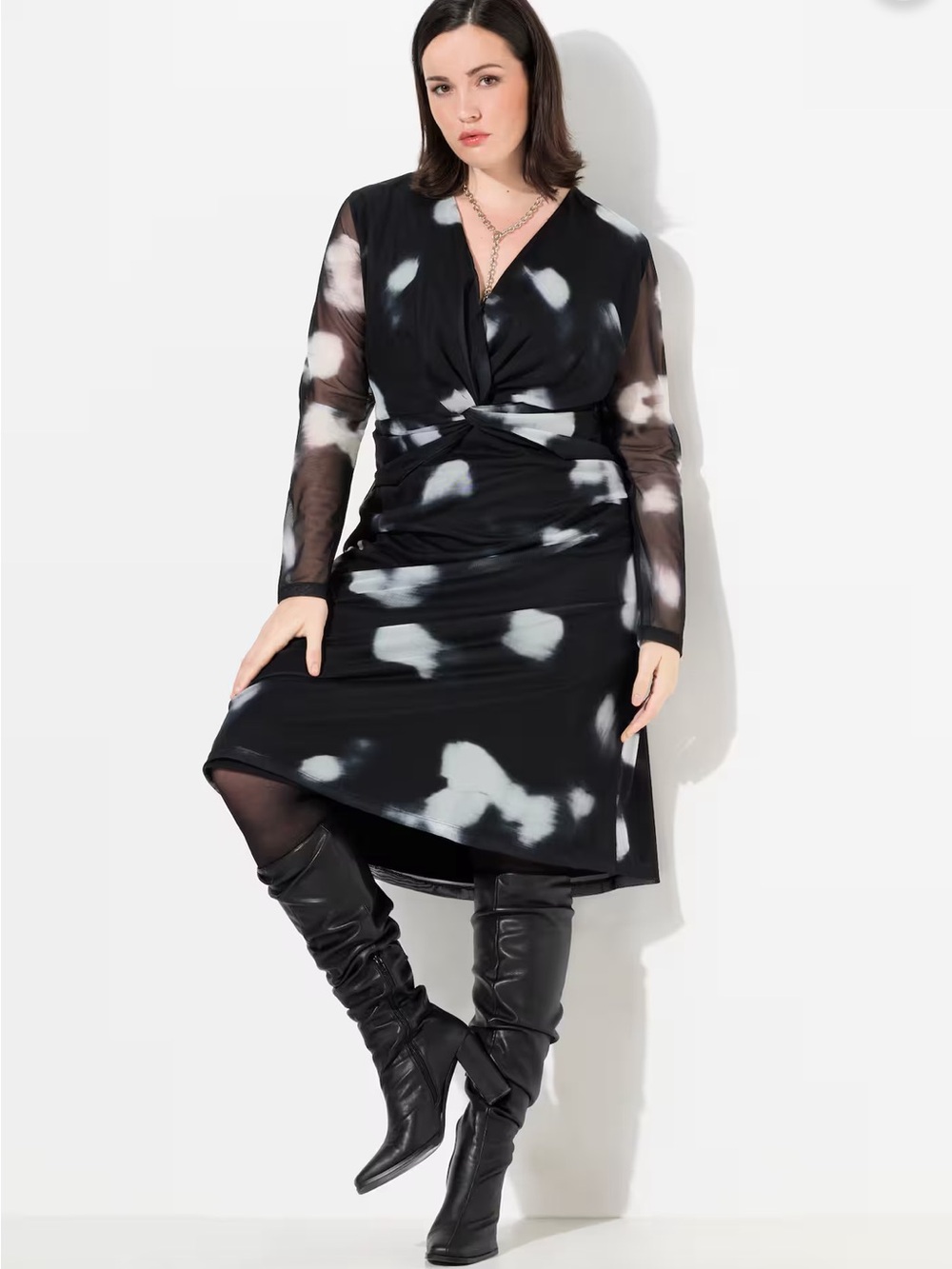 Ulla Popken Black & White Twist Front V-Neck Mesh Dress